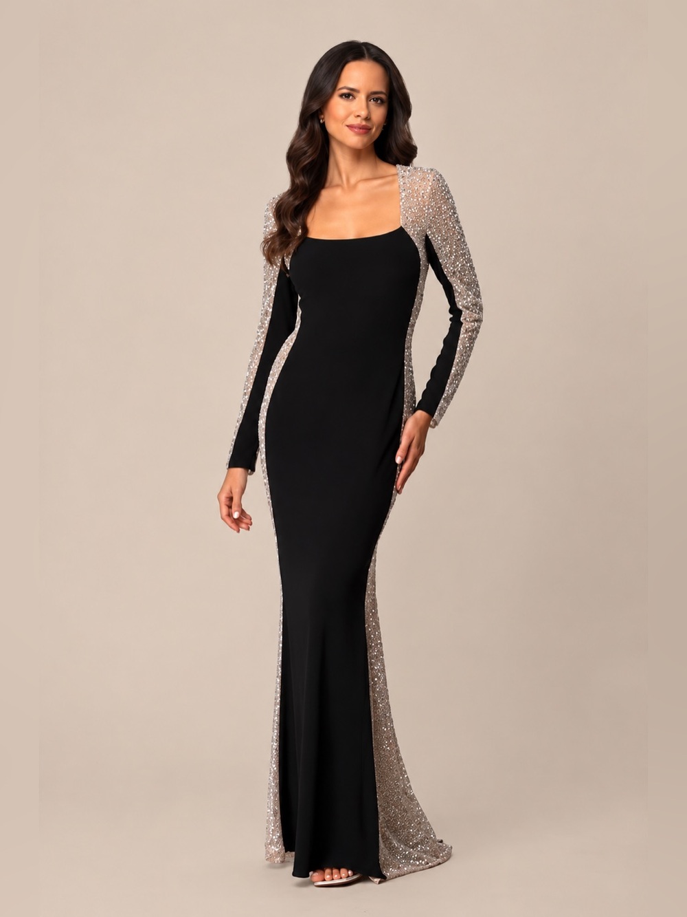 Xscape Embellished Colorblocked Square Neck Sheath Gown